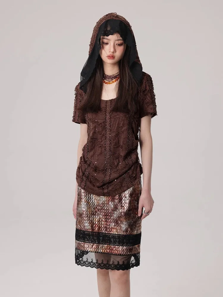 Mesh Lace Flower Crocodile Embroidery Metallic Skirt