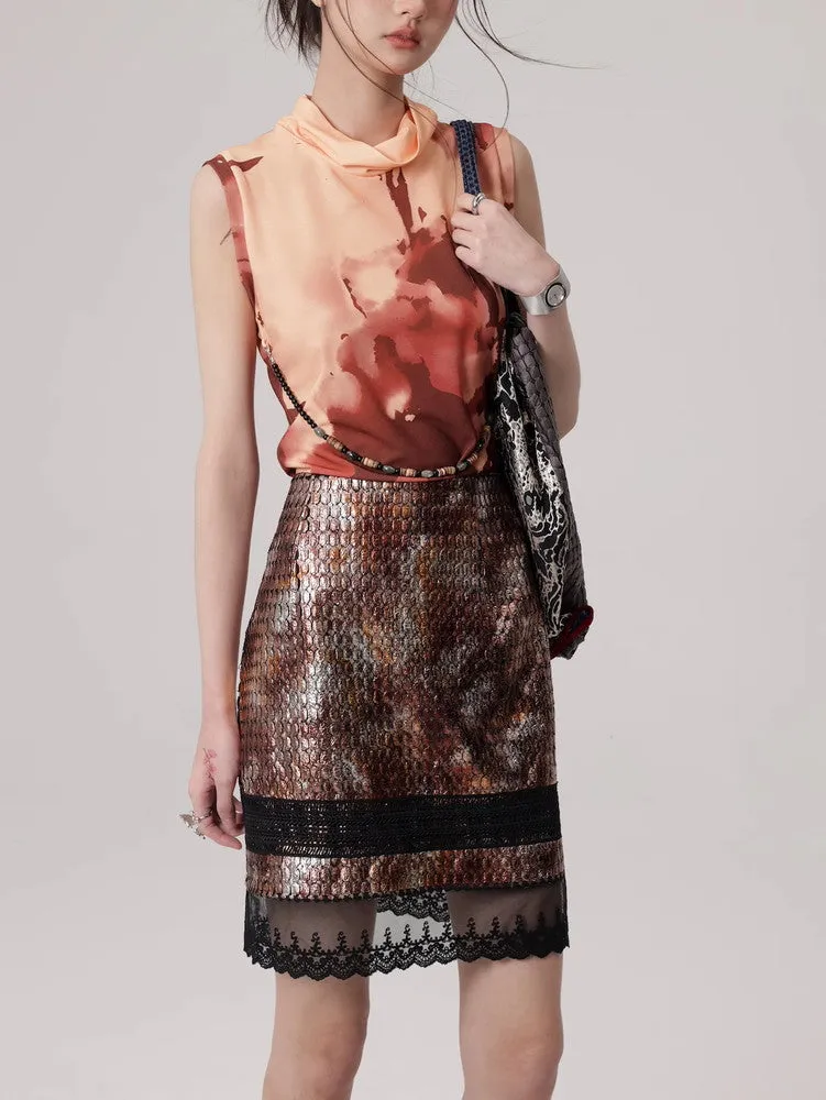 Mesh Lace Flower Crocodile Embroidery Metallic Skirt