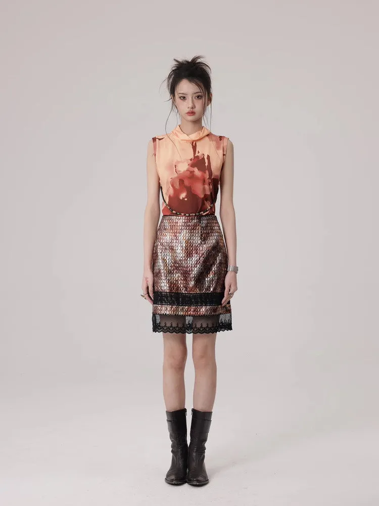 Mesh Lace Flower Crocodile Embroidery Metallic Skirt