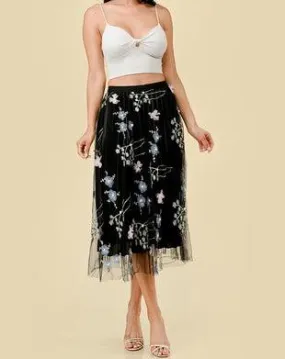 Mesh Pleated Skirt with Flowers