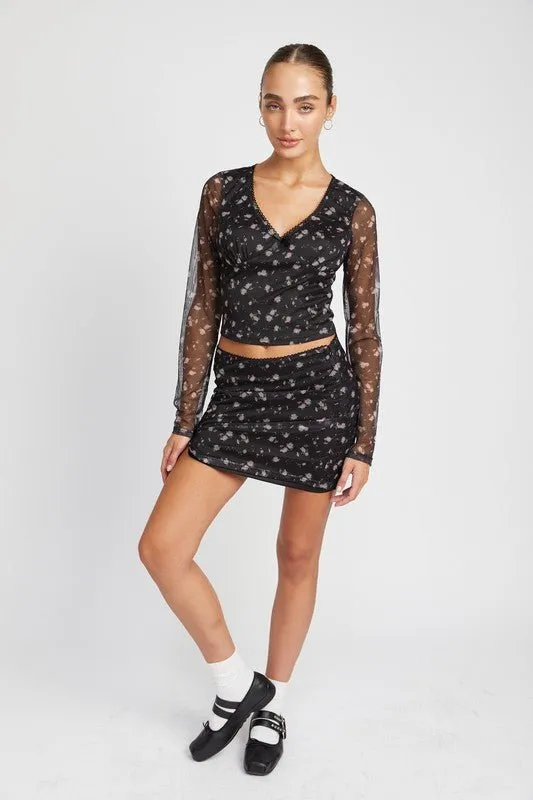 Midnight Blooms Floral Mini Mesh Skirt