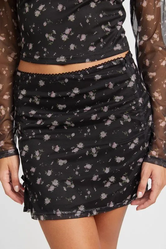 Midnight Blooms Floral Mini Mesh Skirt