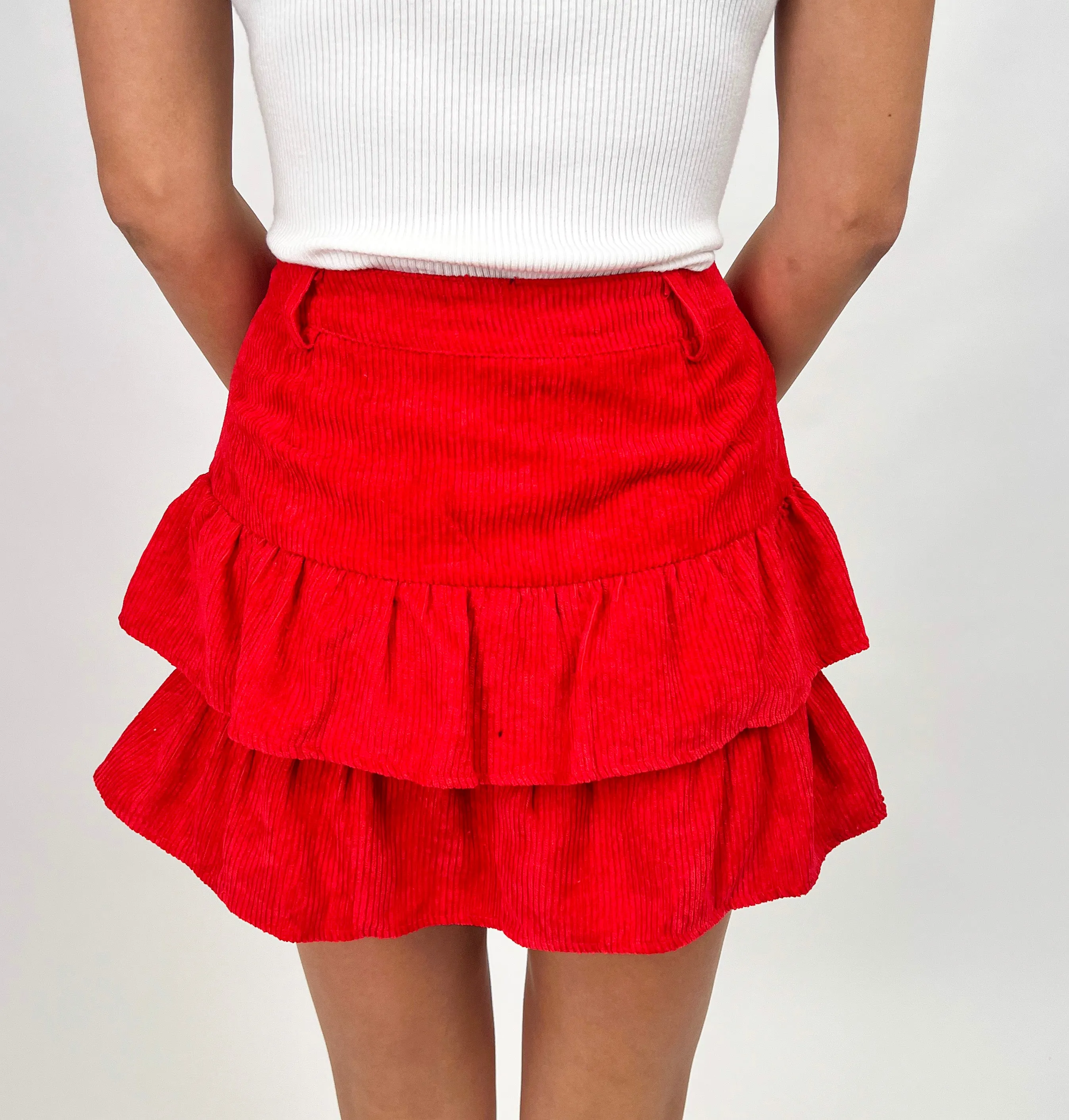 NEVER GROW UP RED CORDUROY RUFFLE MINI SKORT