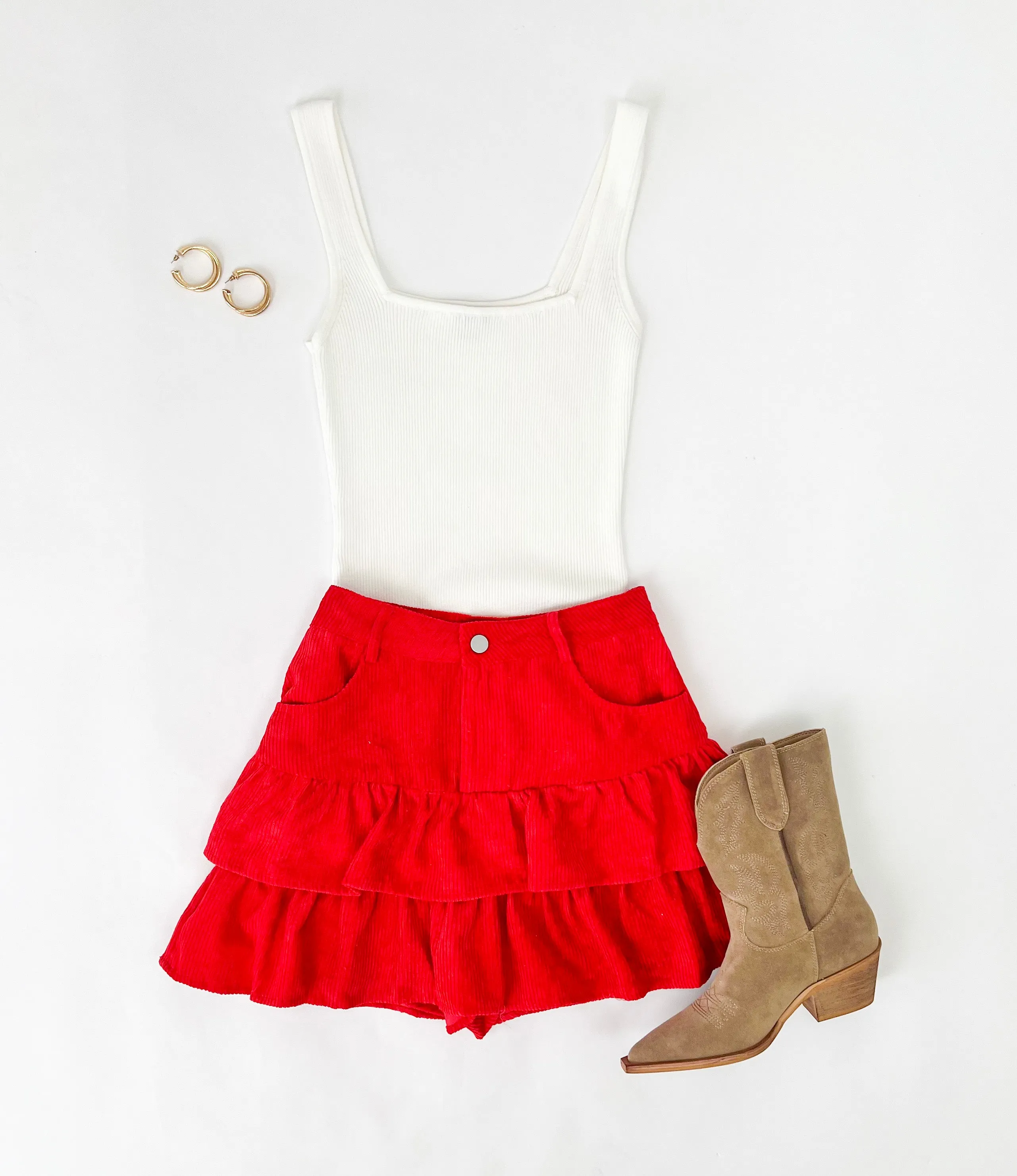 NEVER GROW UP RED CORDUROY RUFFLE MINI SKORT