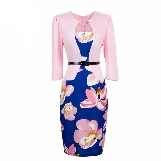 One Piece Floral Printed Elegant Business Formal Work Dress