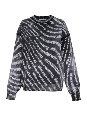 Oversize Cotton Wave Logo Crewneck Pullover (White/Black)