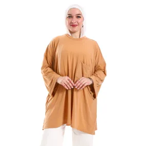 Plain Comfy Long Sleeves Loose Fit Patch Pocket Tunic