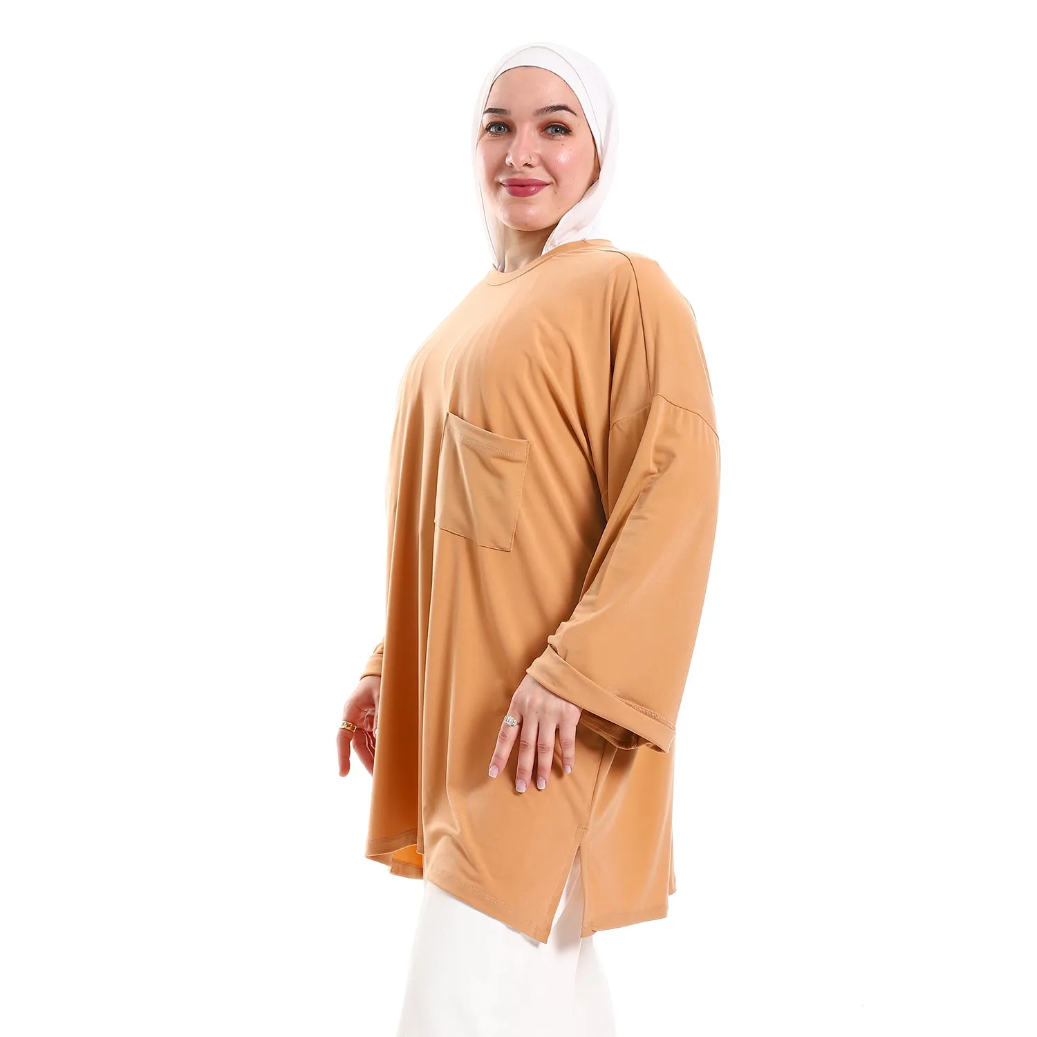 Plain Comfy Long Sleeves Loose Fit Patch Pocket Tunic