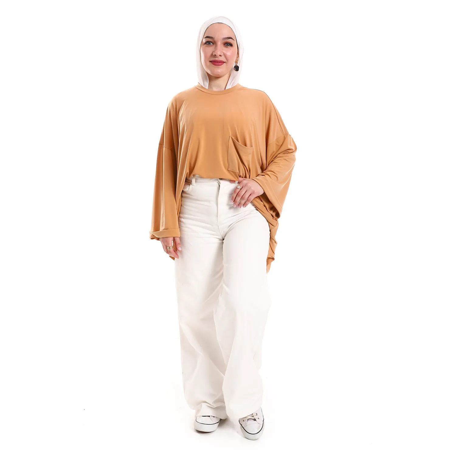 Plain Comfy Long Sleeves Loose Fit Patch Pocket Tunic