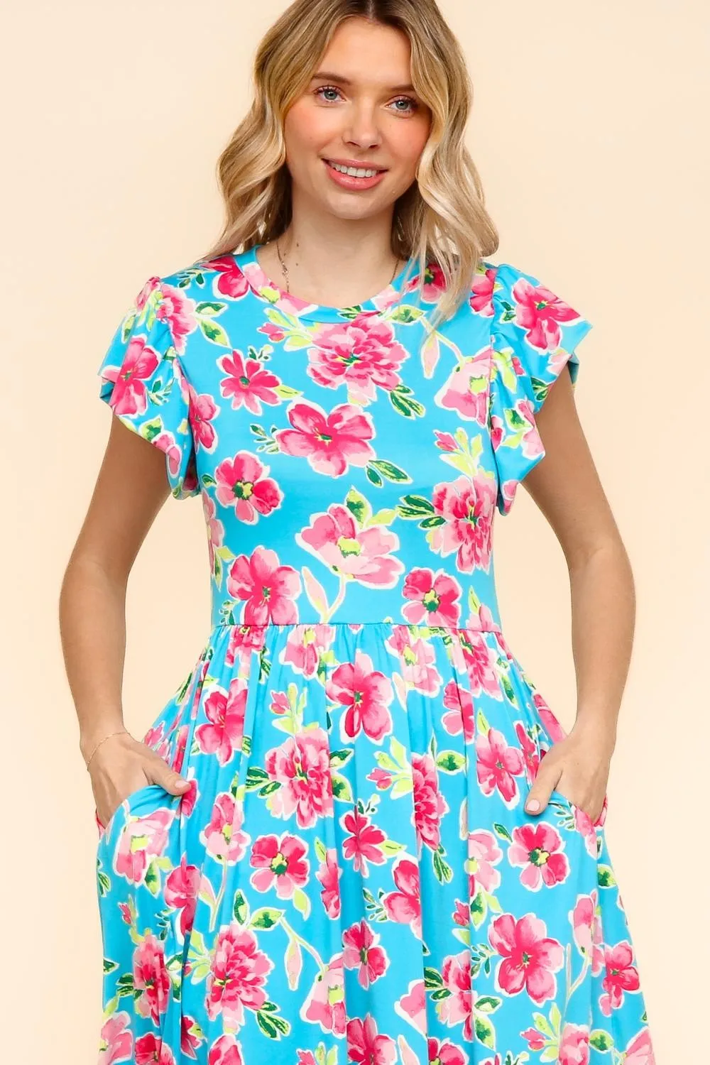 PLUS MIDI BABYDOLL DRESS W/ FOLDED RUFFLE SLEEVES