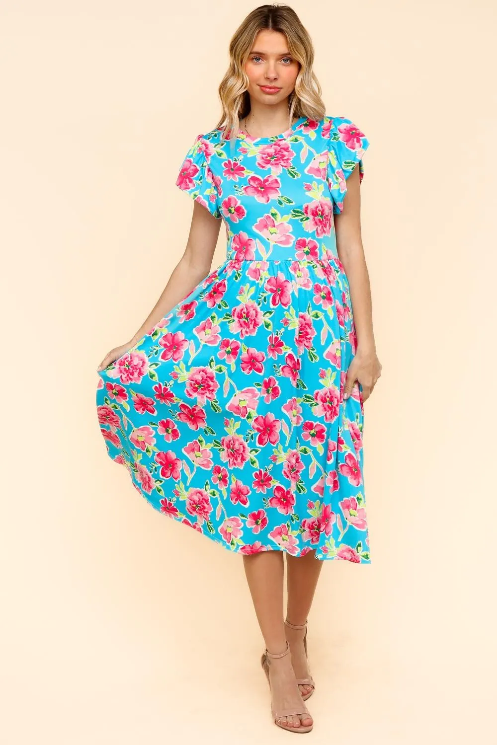 PLUS MIDI BABYDOLL DRESS W/ FOLDED RUFFLE SLEEVES