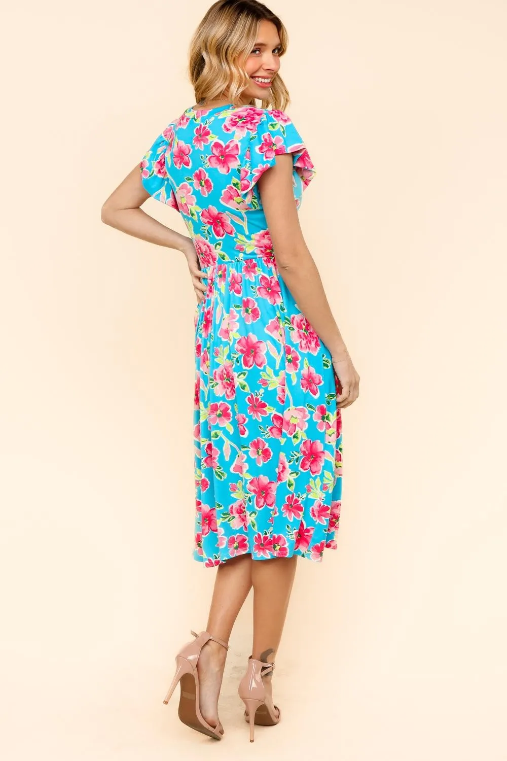 PLUS MIDI BABYDOLL DRESS W/ FOLDED RUFFLE SLEEVES