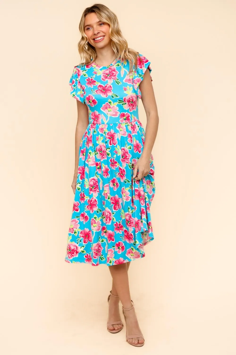 PLUS MIDI BABYDOLL DRESS W/ FOLDED RUFFLE SLEEVES
