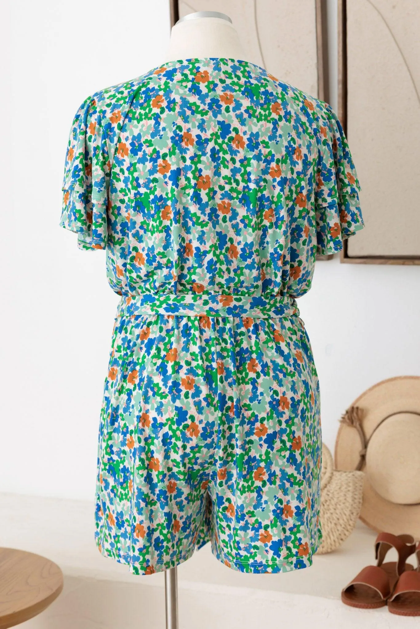 Plus Size Belted Layered Ditsy Warp Romper