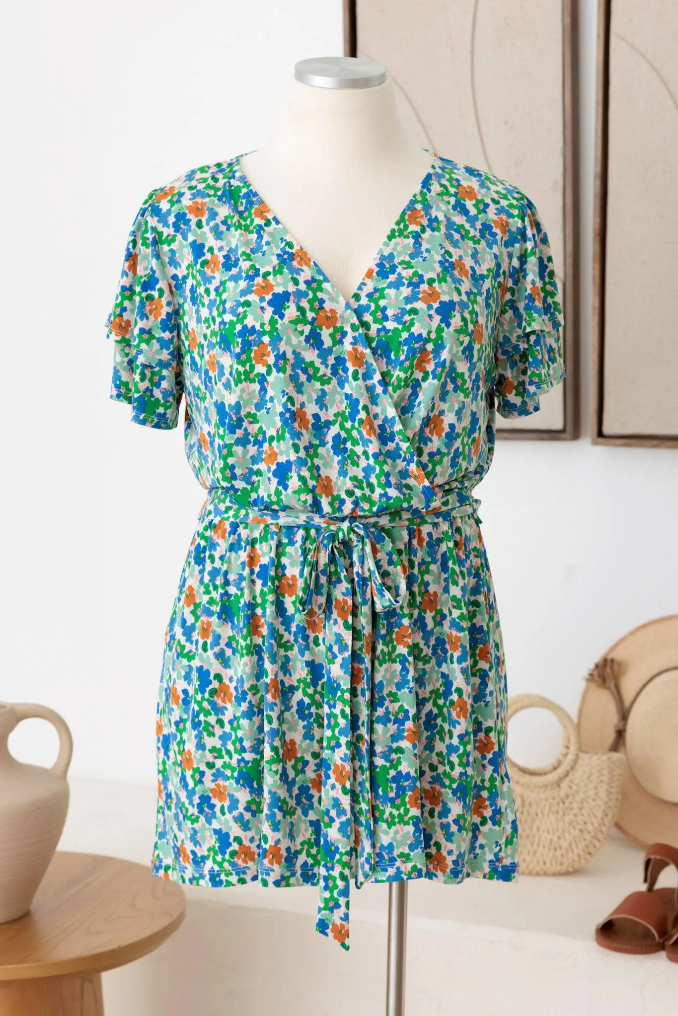 Plus Size Belted Layered Ditsy Warp Romper