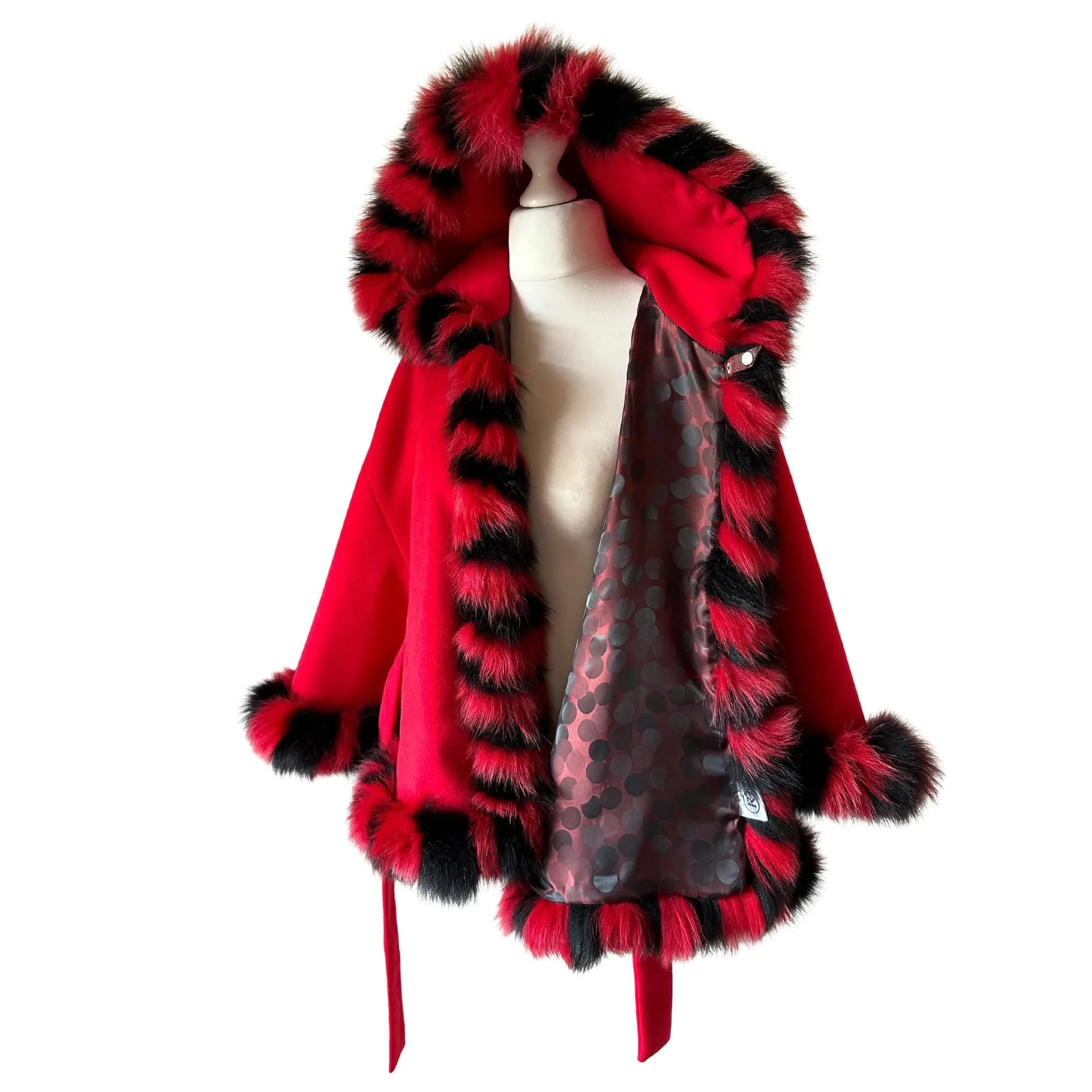 Red Black Women Winter Coat Cape Trim Fox Fur, Winter Women's Poncho Jacket lined, Warm Women's coat with a hood