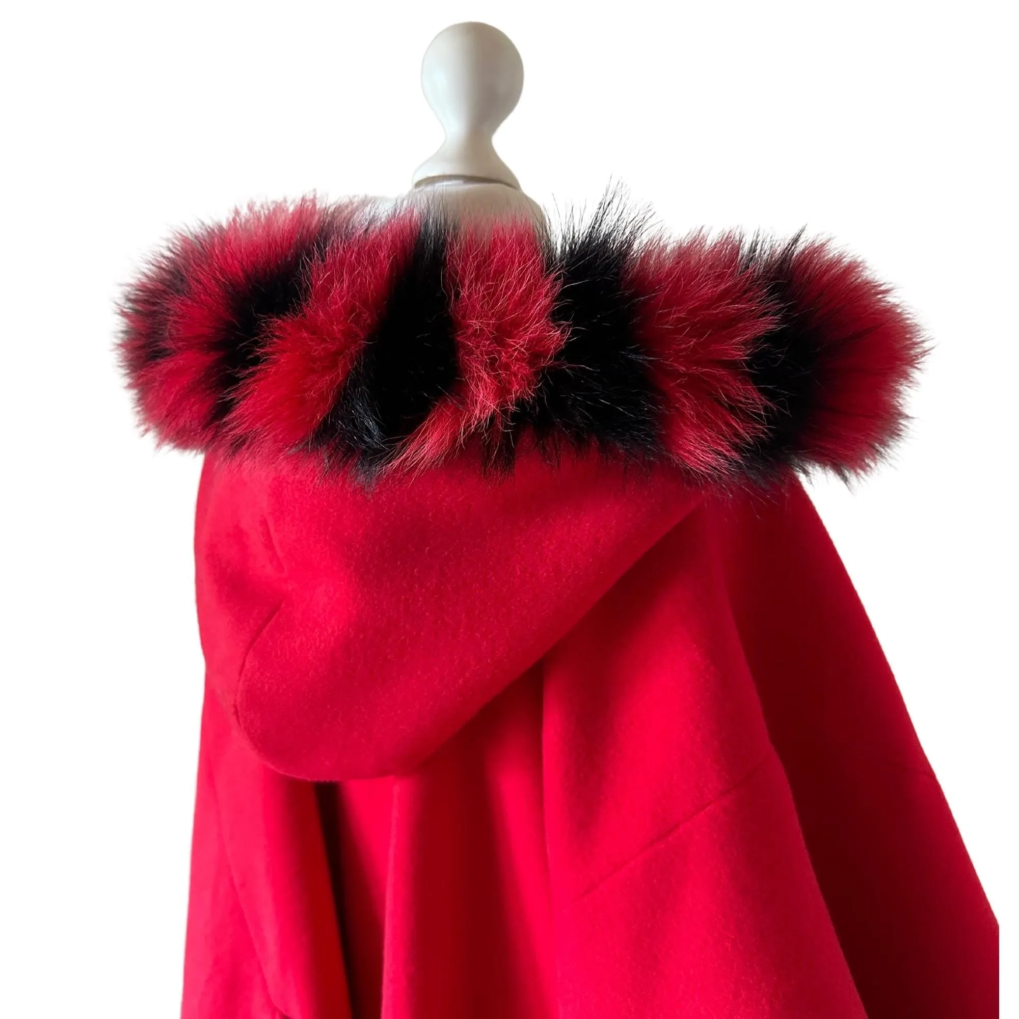 Red Black Women Winter Coat Cape Trim Fox Fur, Winter Women's Poncho Jacket lined, Warm Women's coat with a hood