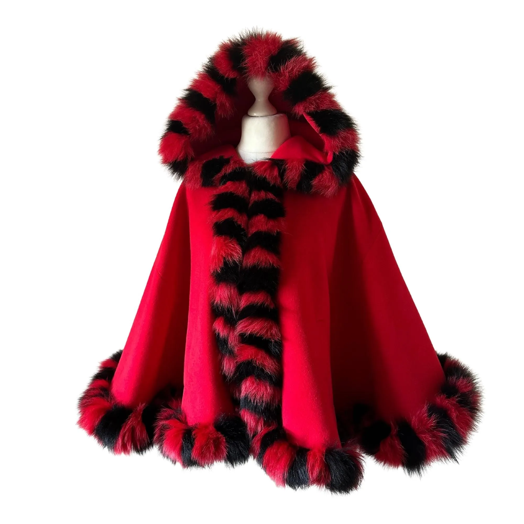 Red Black Women Winter Coat Cape Trim Fox Fur, Winter Women's Poncho Jacket lined, Warm Women's coat with a hood