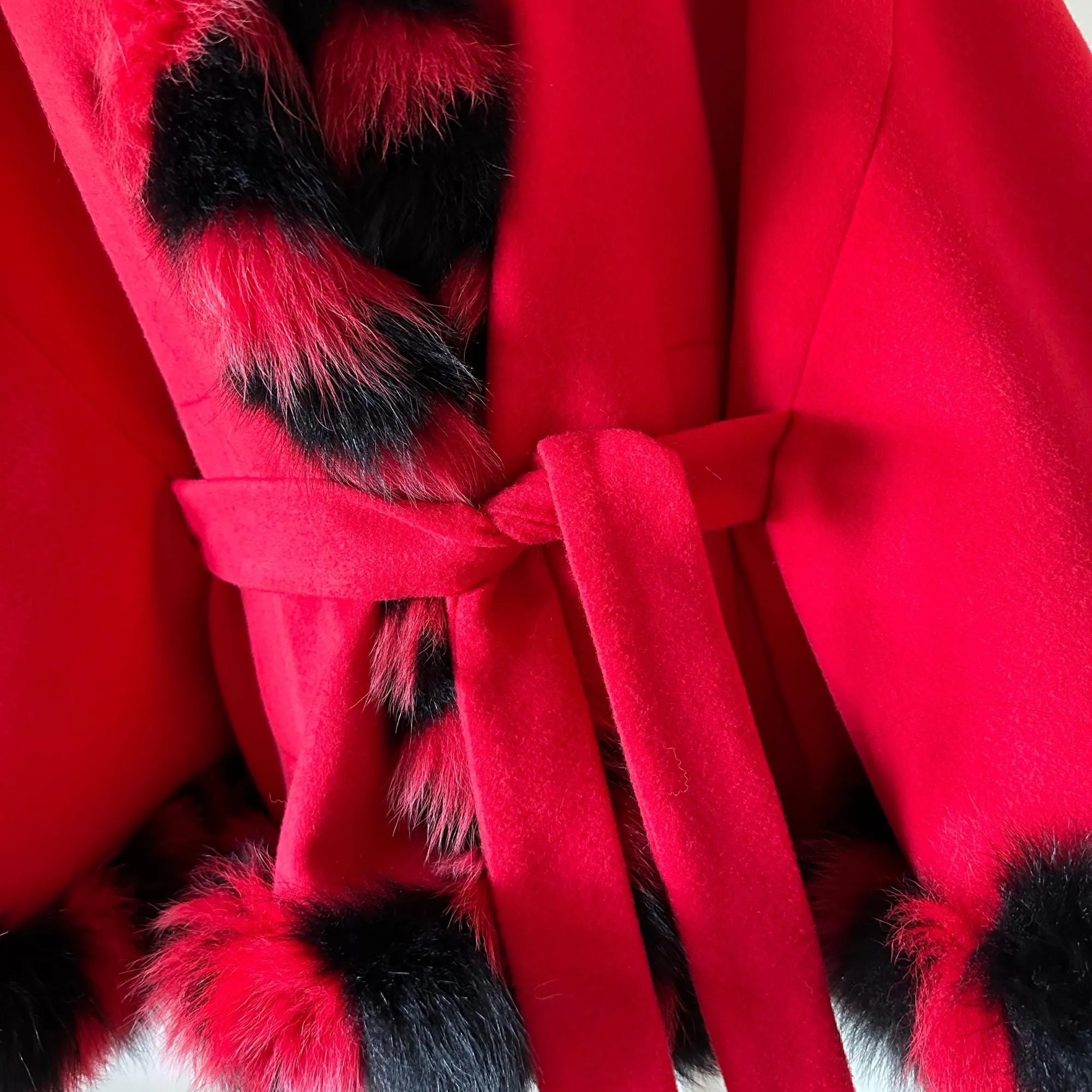 Red Black Women Winter Coat Cape Trim Fox Fur, Winter Women's Poncho Jacket lined, Warm Women's coat with a hood