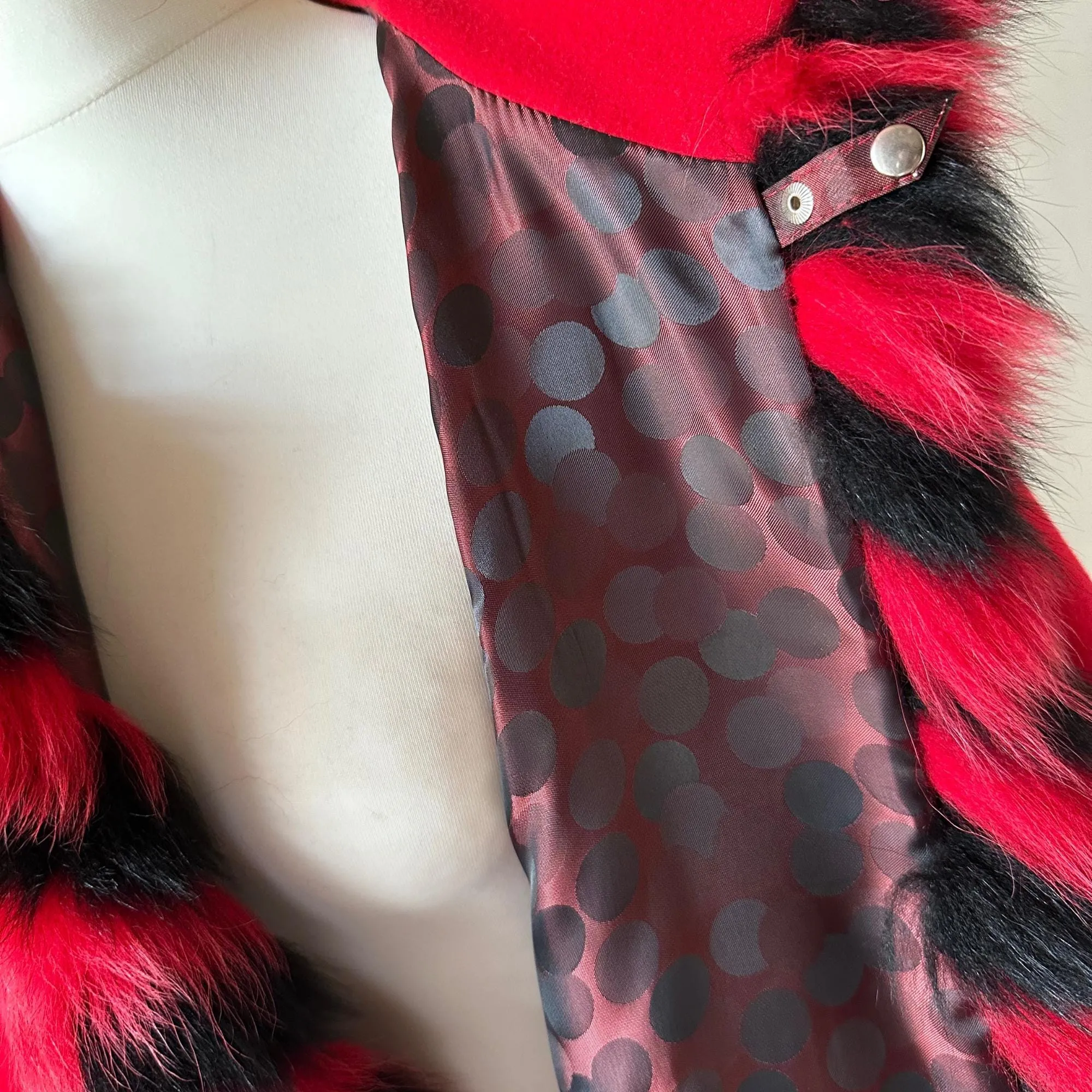 Red Black Women Winter Coat Cape Trim Fox Fur, Winter Women's Poncho Jacket lined, Warm Women's coat with a hood