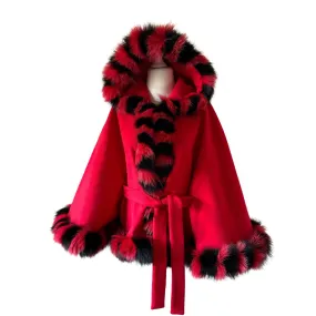 Red Black Women Winter Coat Cape Trim Fox Fur, Winter Women's Poncho Jacket lined, Warm Women's coat with a hood