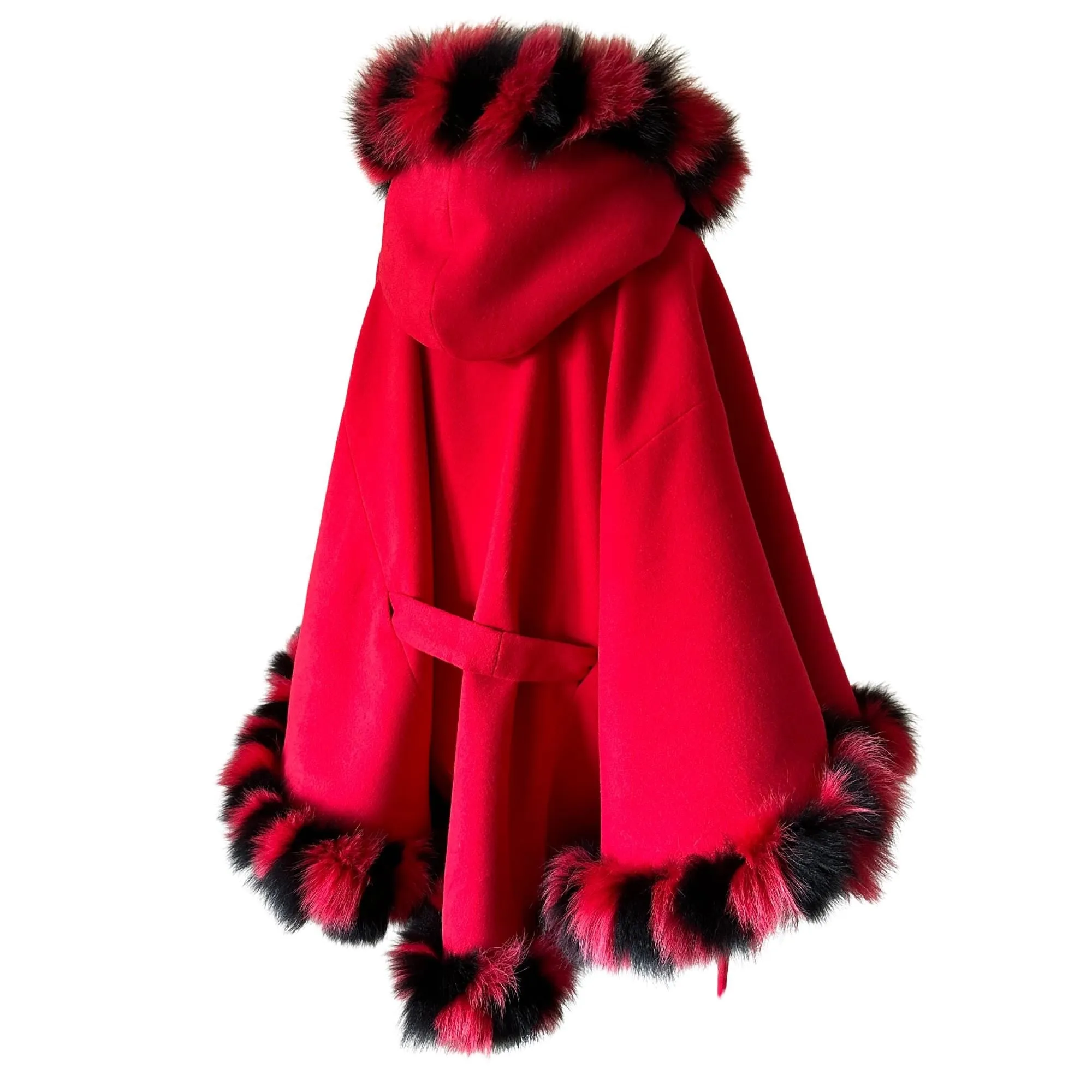 Red Black Women Winter Coat Cape Trim Fox Fur, Winter Women's Poncho Jacket lined, Warm Women's coat with a hood