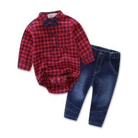 RED CHECK PATTERN SHORT LEG ROMPER WITH BOW TIE & BLUE JEANS PANTS