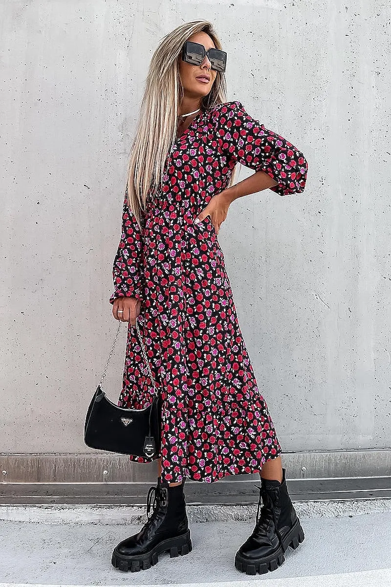 Red Floral Thigh Split Long Sleeve Tiered Hem Midi Dress