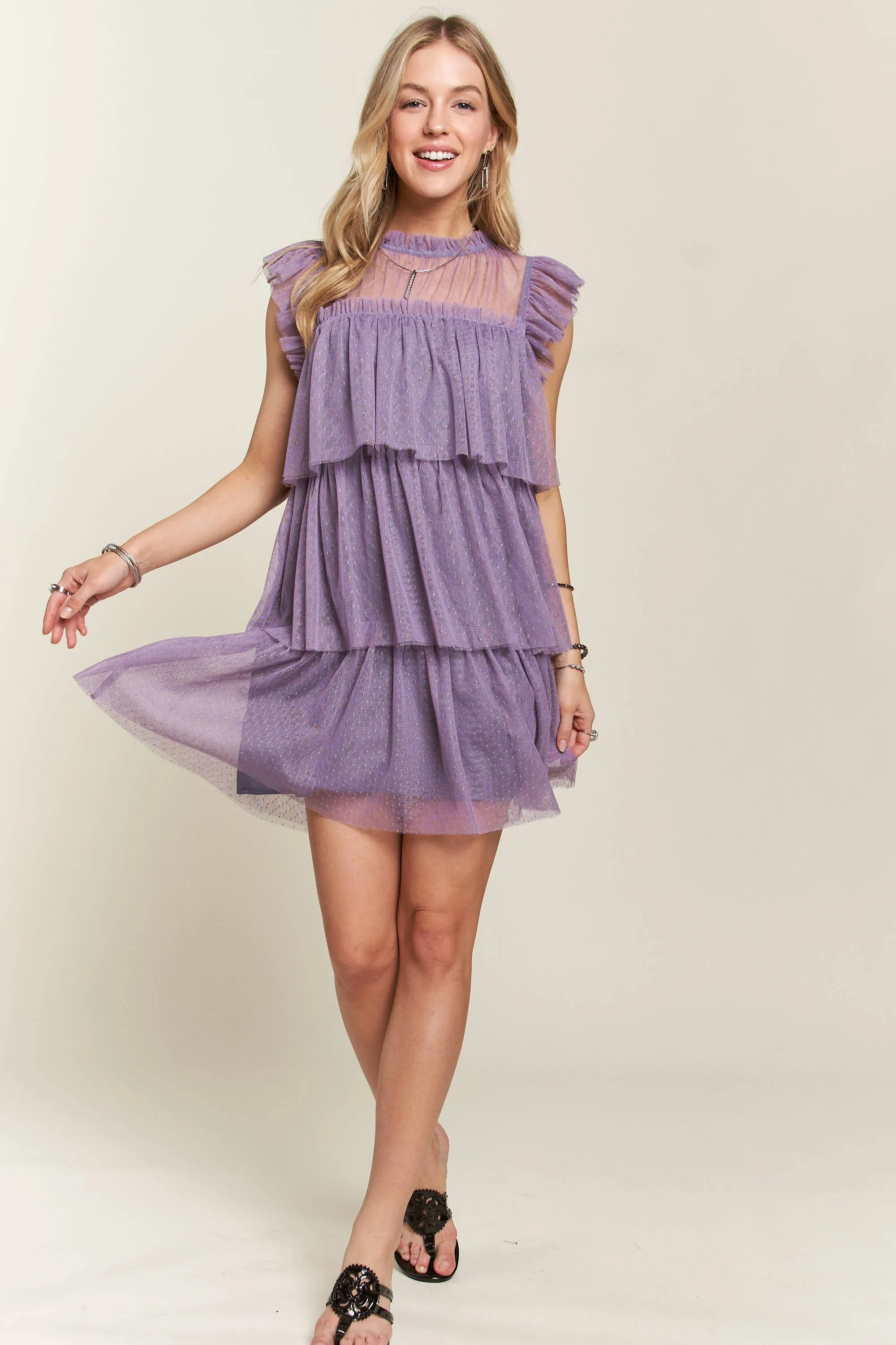 RUFFLED TIERED SWISSDOT LACE DRESS