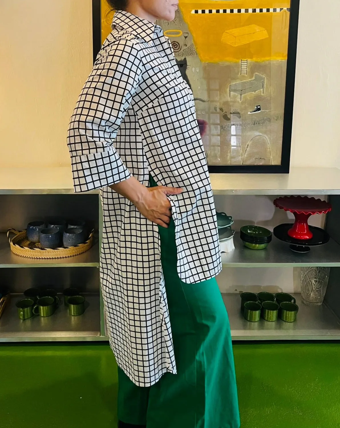 Shirt Tail Top in Grid Print
