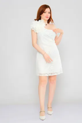 Short One Shoulder Lace Dress with Big Flower - White