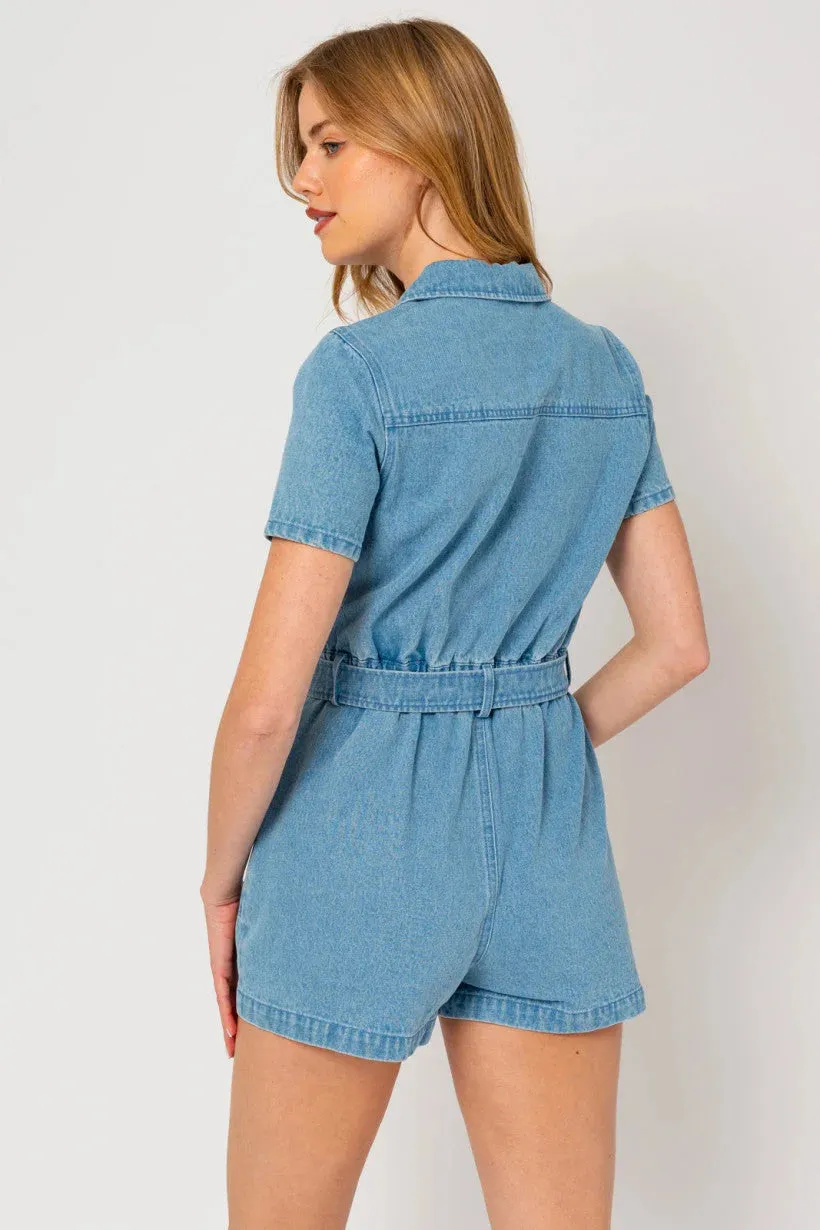SHORT SLEEVE FRONT ZIP UP DENIM ROMPER