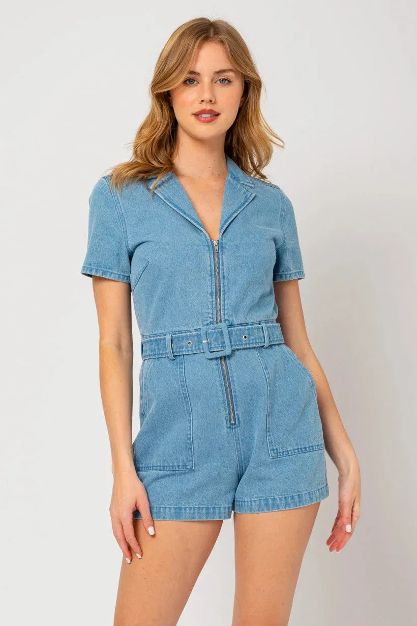 SHORT SLEEVE FRONT ZIP UP DENIM ROMPER