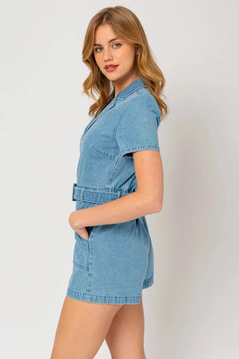SHORT SLEEVE FRONT ZIP UP DENIM ROMPER