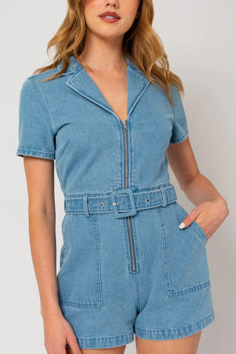 SHORT SLEEVE FRONT ZIP UP DENIM ROMPER