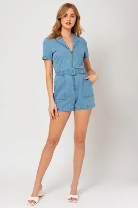 SHORT SLEEVE FRONT ZIP UP DENIM ROMPER