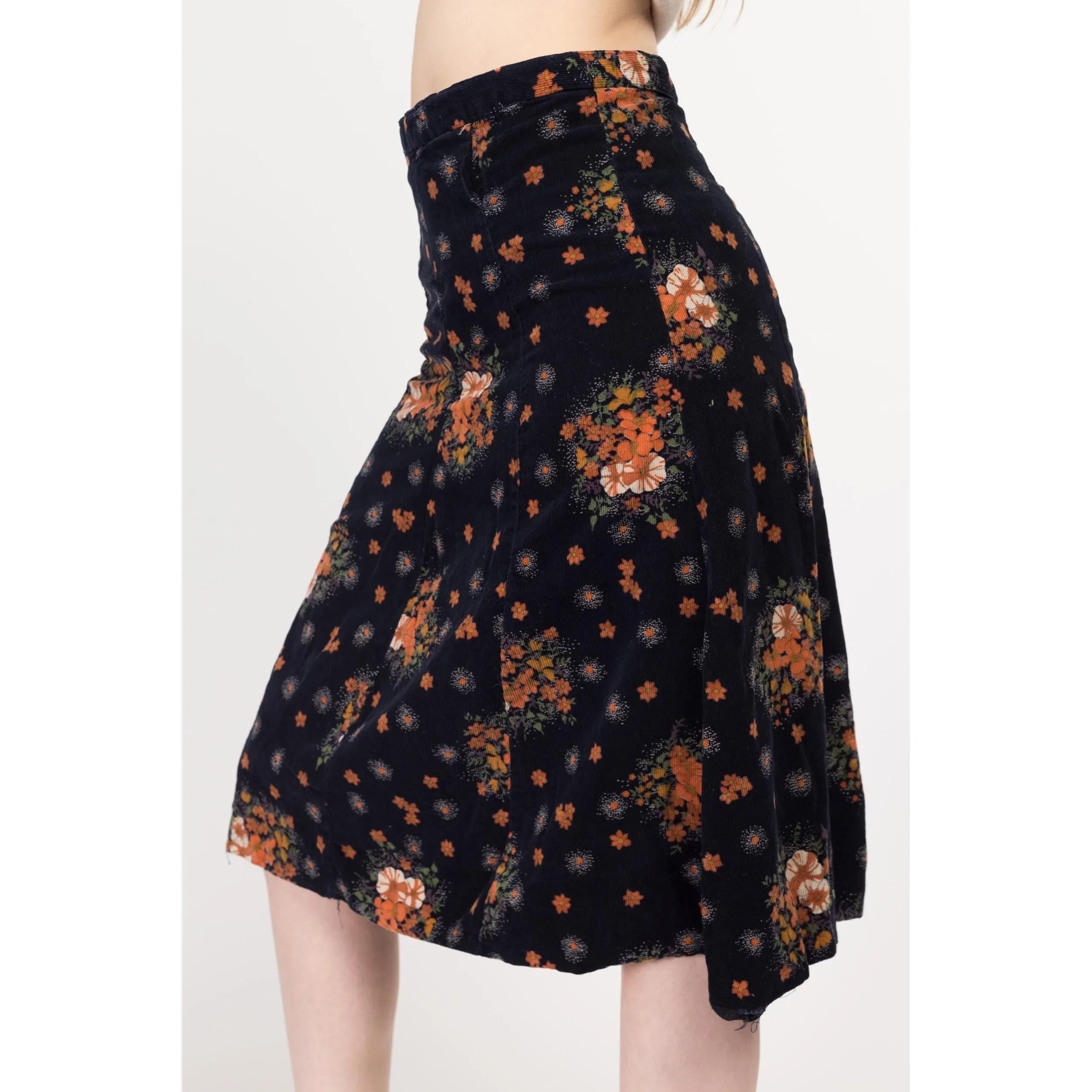 Small 70s Midnight Blue & Orange Floral Corduroy A Line Skirt 26"