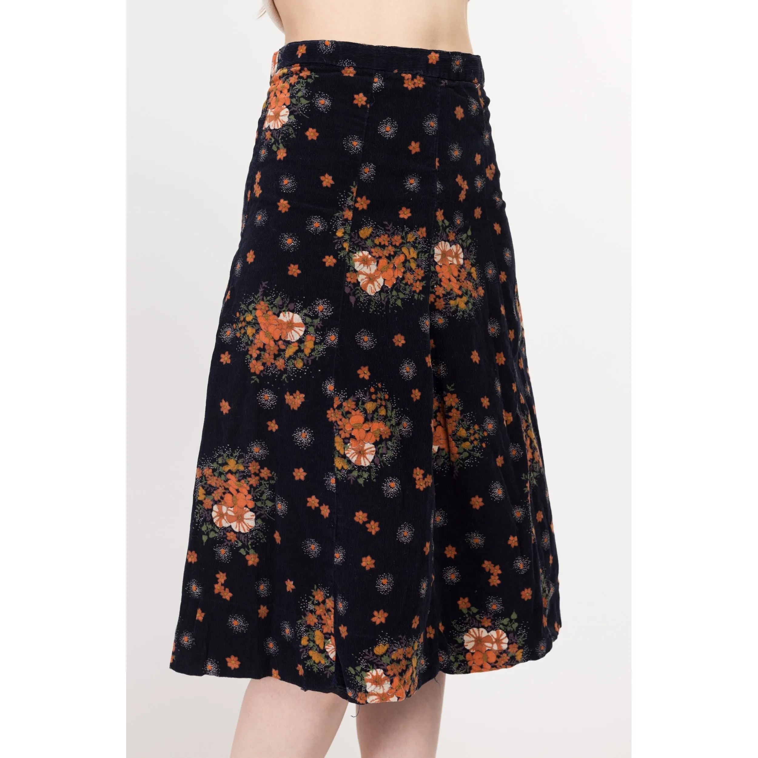 Small 70s Midnight Blue & Orange Floral Corduroy A Line Skirt 26"