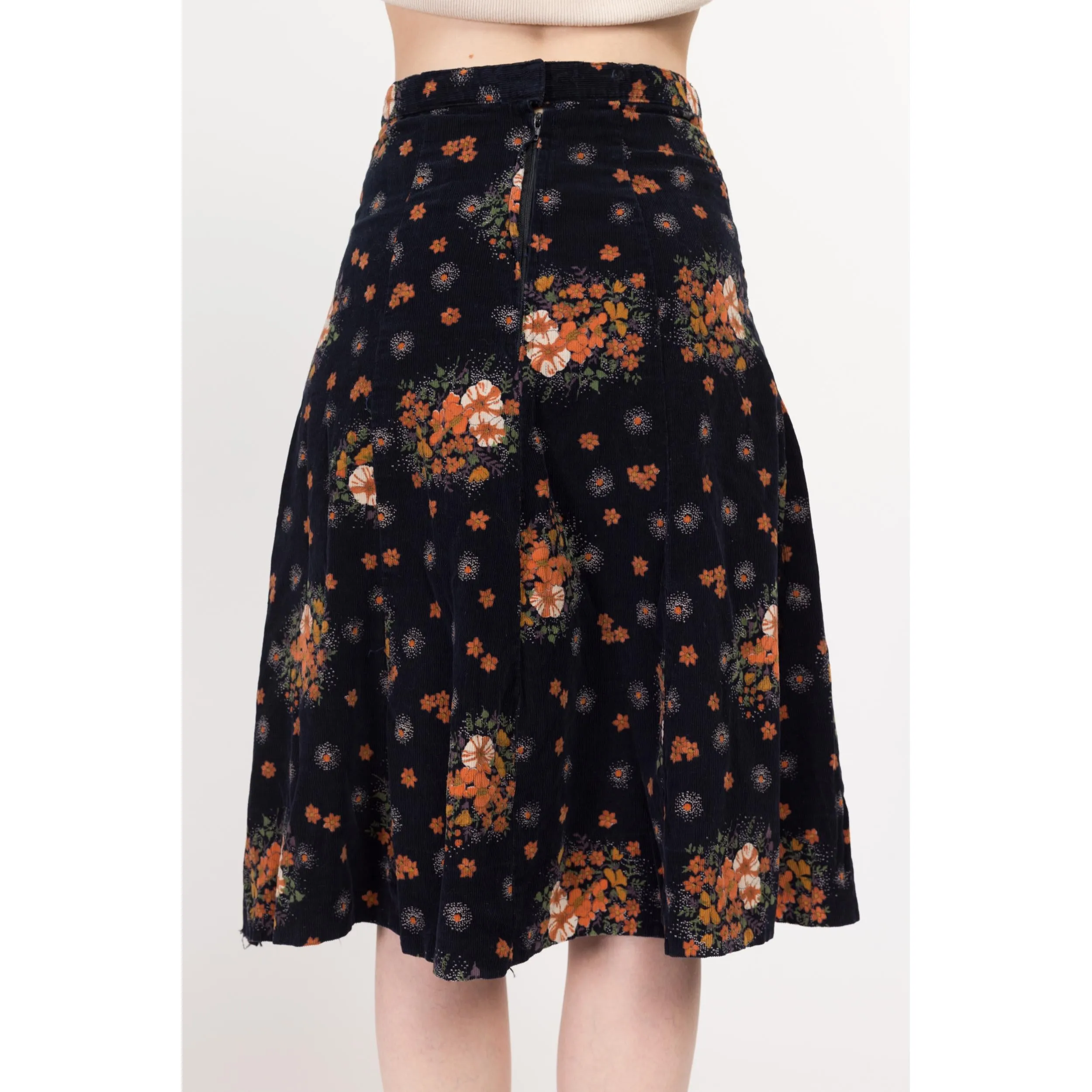 Small 70s Midnight Blue & Orange Floral Corduroy A Line Skirt 26"