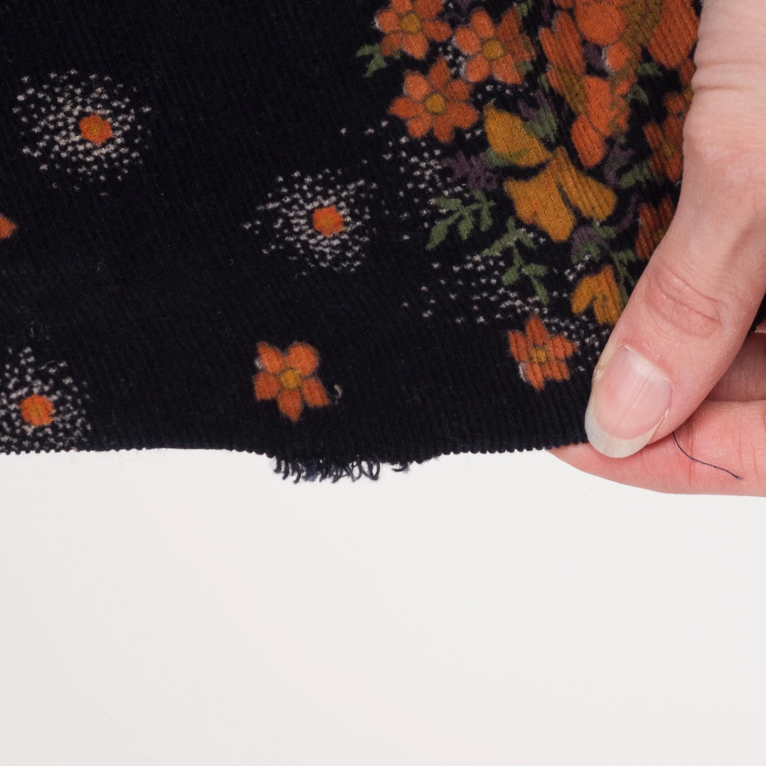Small 70s Midnight Blue & Orange Floral Corduroy A Line Skirt 26"