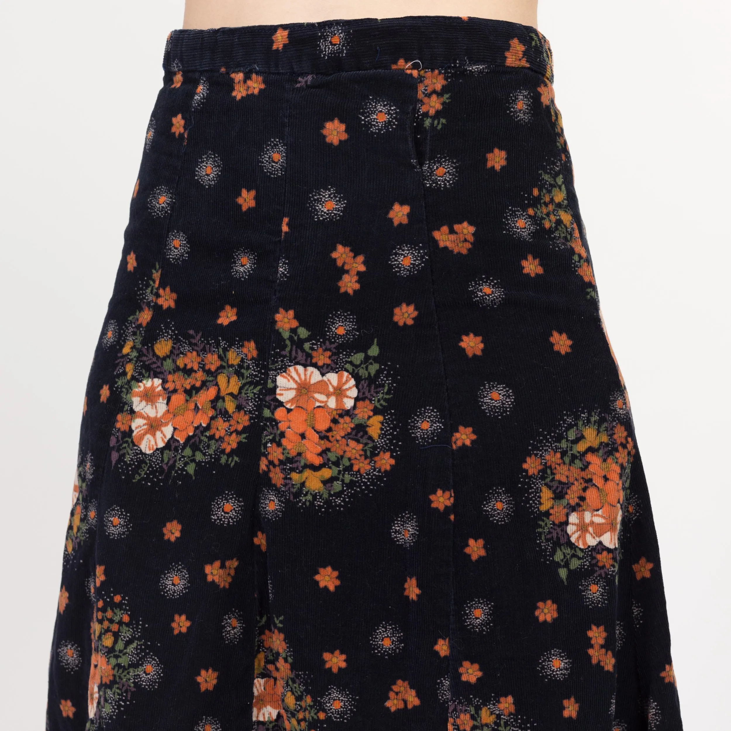 Small 70s Midnight Blue & Orange Floral Corduroy A Line Skirt 26"