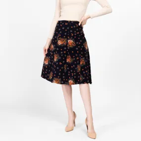 Small 70s Midnight Blue & Orange Floral Corduroy A Line Skirt 26"