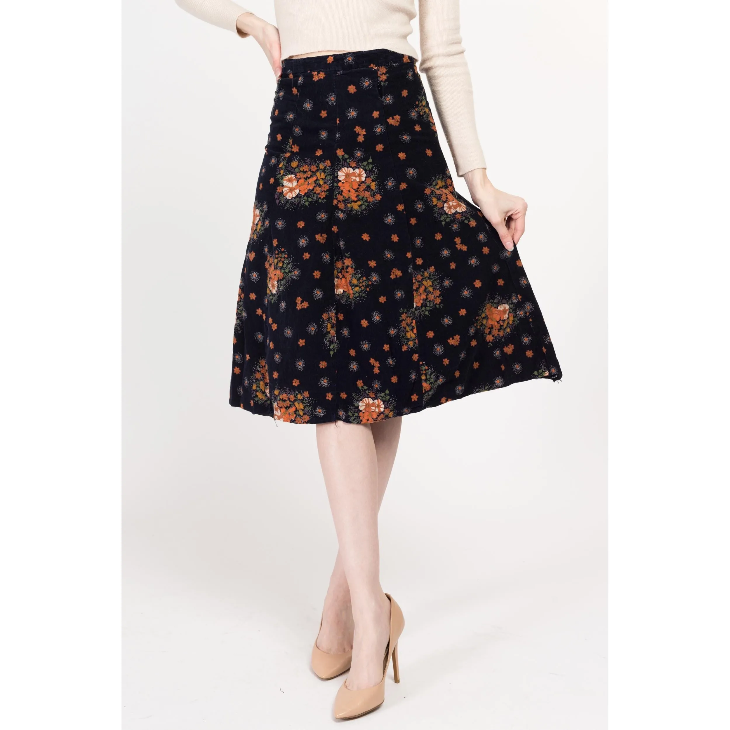 Small 70s Midnight Blue & Orange Floral Corduroy A Line Skirt 26"