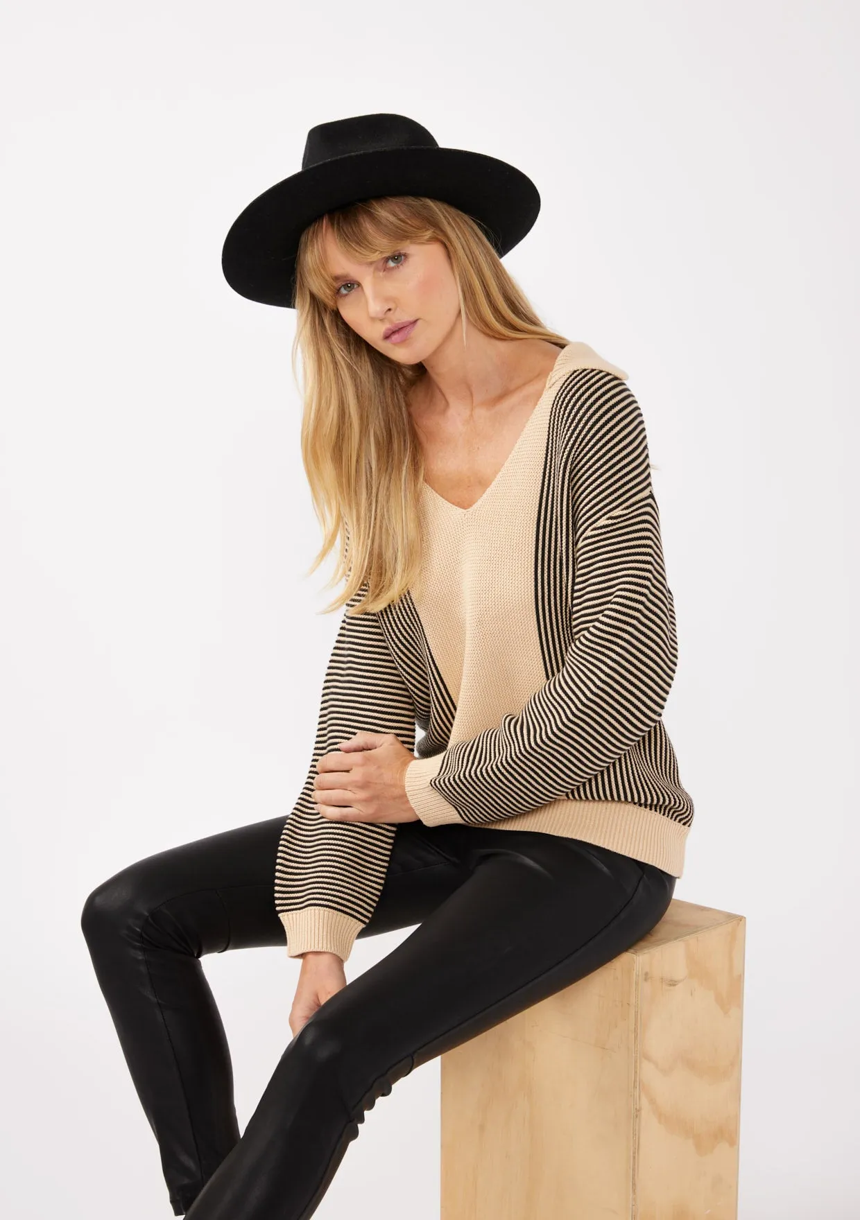 Striped V-Neck Drop-Shoulder Sweater