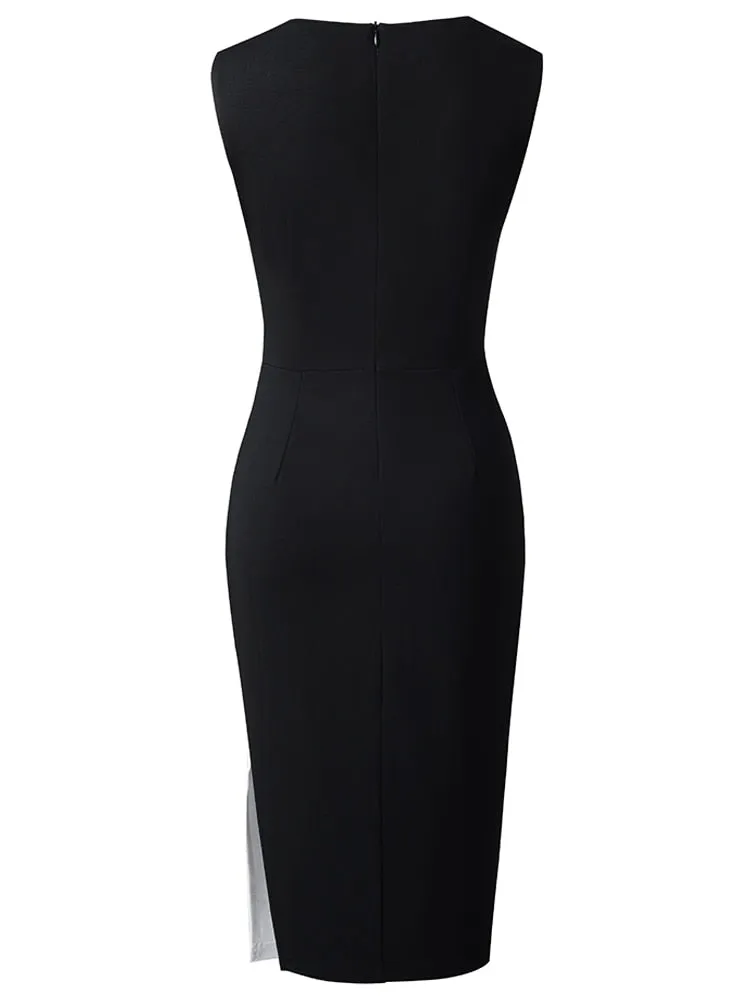 Summer Women Fashion Black and White Patchwork Dresses Formal Business Vintage Fitted Sheath Dress EB770