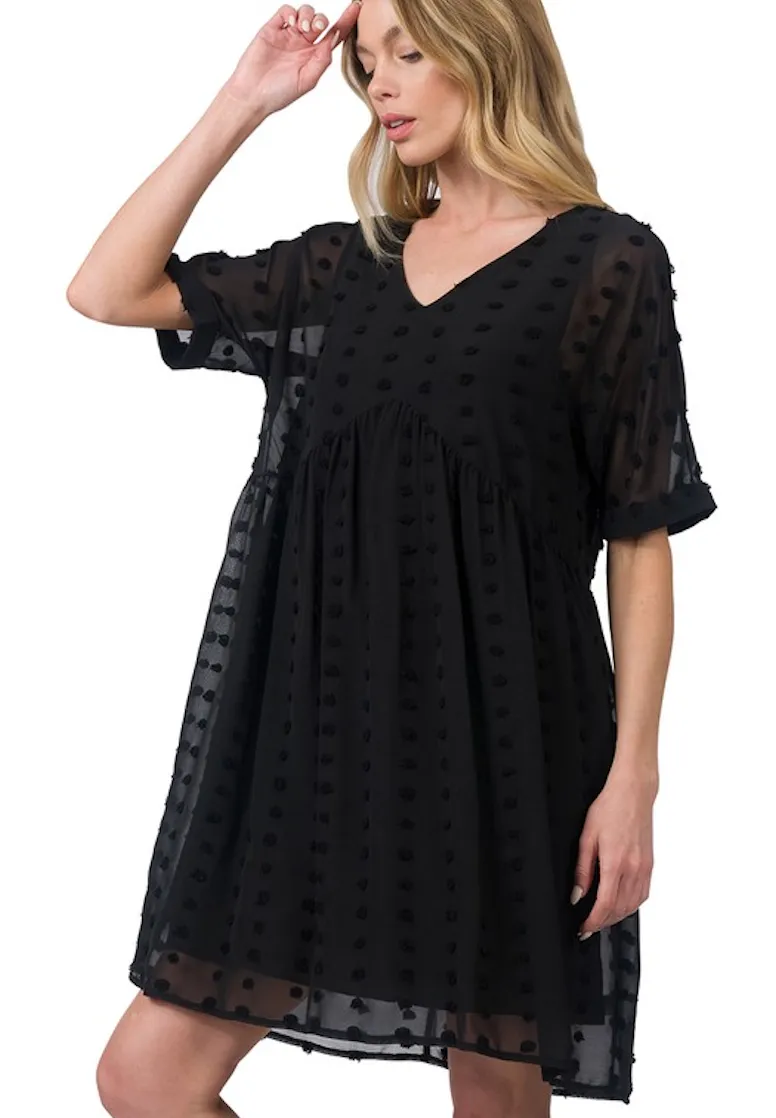 Swiss Dot Babydoll V-Neck Dress