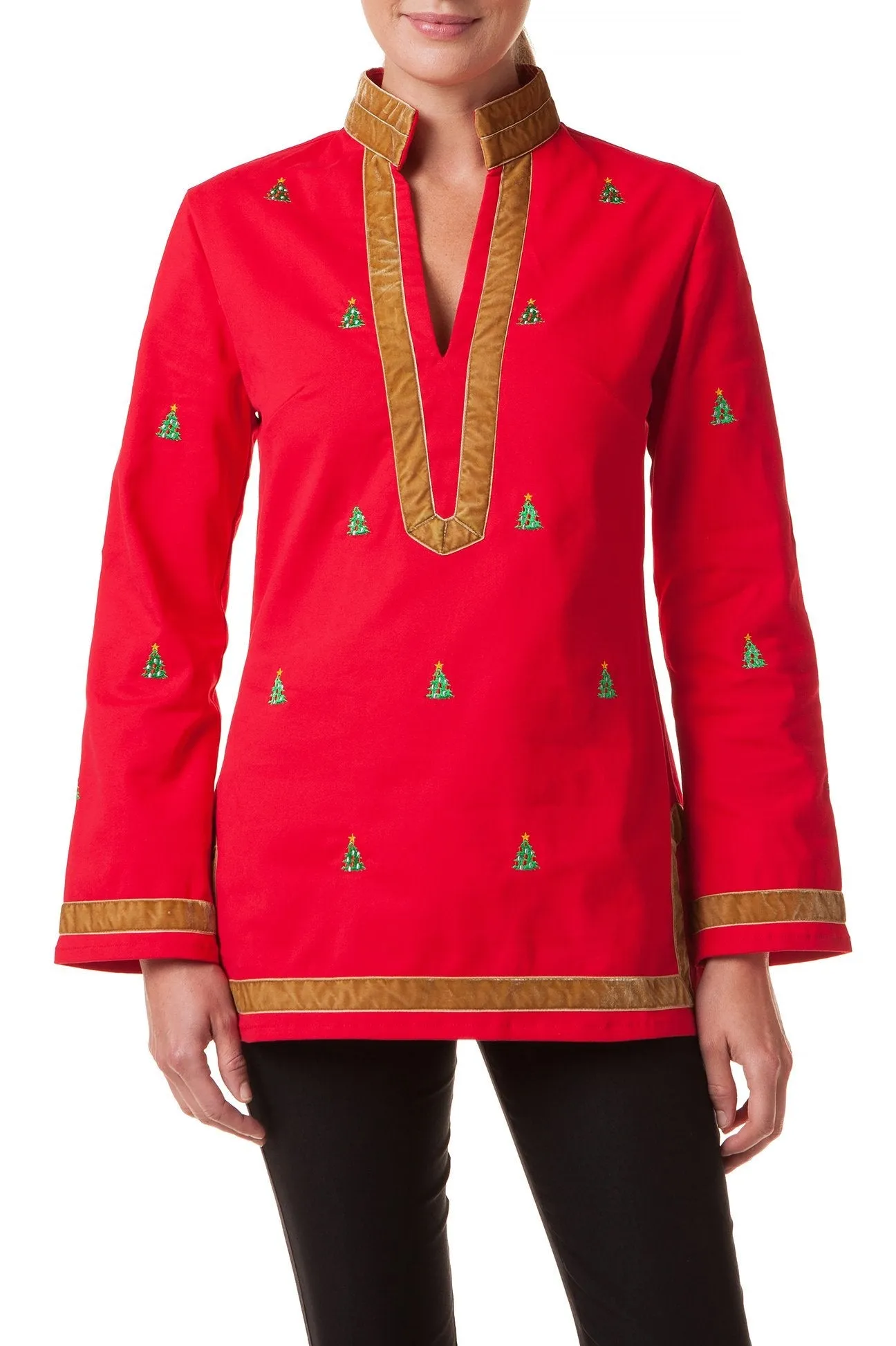 Tunic Top Stretch Twill Bright Red with Christmas Tree