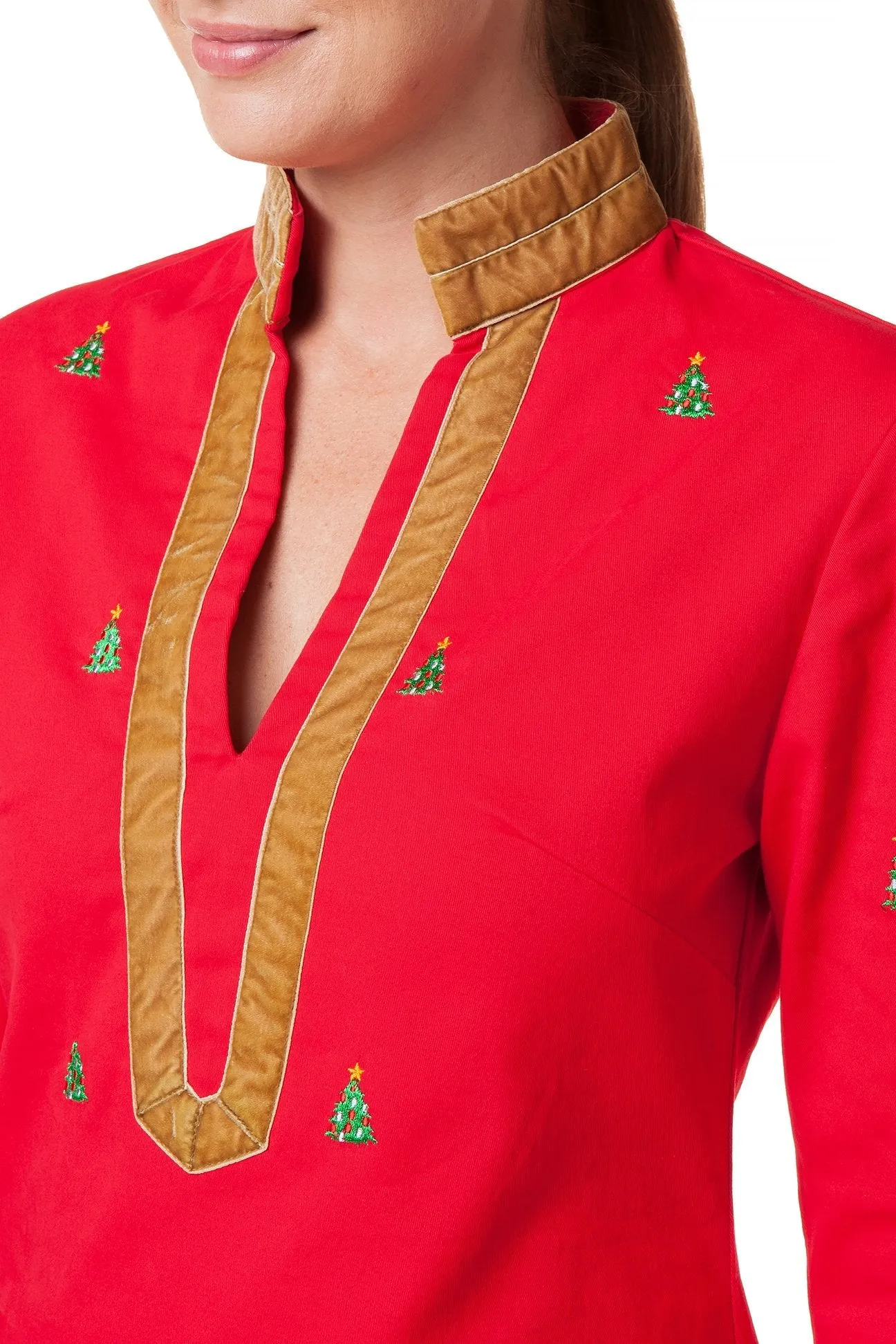 Tunic Top Stretch Twill Bright Red with Christmas Tree