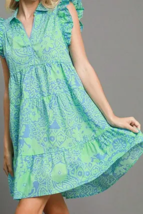 Umgee Gum Leaf Printed Ruffle Cap Sleeve Babydoll Dress