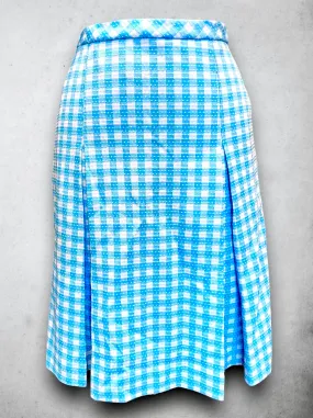 Vintage 1960’s Turquoise Blue Plaid & Polka Dot Pleated Skirt